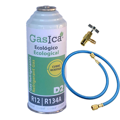 1 Botella Gas Ecologico Gasica D2 226g + Valvula + Manguera Sustituto R12, R134A