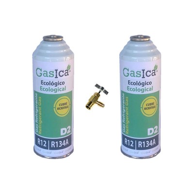 2 Botellas Gas Ecologico Gasica D2 226g + Valvula Sustituto R12, R134A