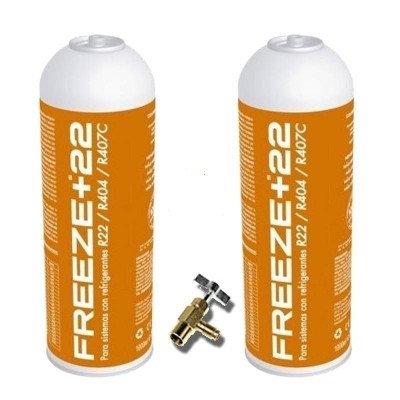 2 Botellas Gas Ecologico Refrigerante Freeze +22 400Gr + Valvula Organico Sustituto R22, R404, R407C