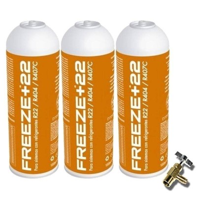 3 Botellas Gas Ecologico Refrigerante Freeze +22 400Gr + Valvula Organico Sustituto R22, R404, R407C