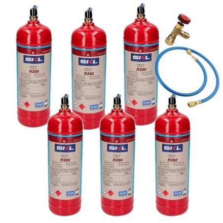 Pack 6 Botellas Refrigerante R290 + Manguera + Valvula 370Gr Propano Envase Desechable