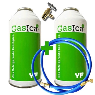 2 Botellas Gas Ecologico Gasica YF 170gr + Valvula + Manguera Sustituto R1234YF