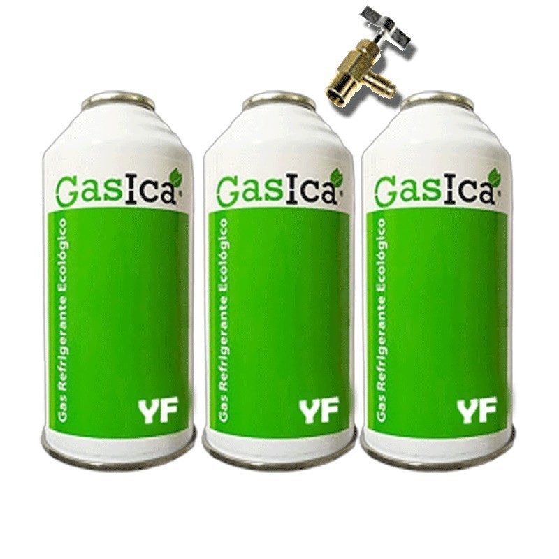 3 Botellas Ecologico Gasica YF 170gr Valvula Sustituto R1234YF