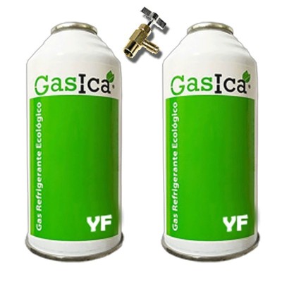2 Botellas Gas Ecologico Gasica YF 170gr + Valvula Sustituto R1234YF