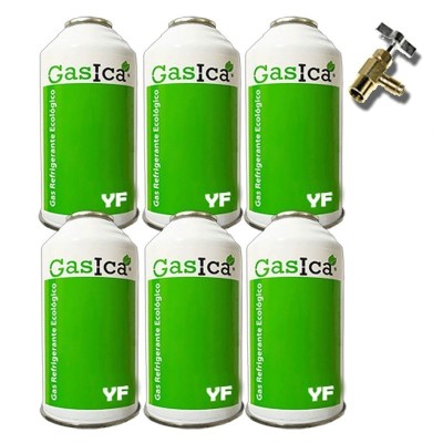 6 Botellas Gas Ecologico Gasica YF 170gr + Valvula Sustituto R1234YF