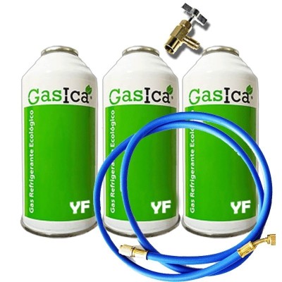 3 Botellas Gas Ecologico Gasica YF 170gr + Valvula + Manguera Sustituto R1234YF