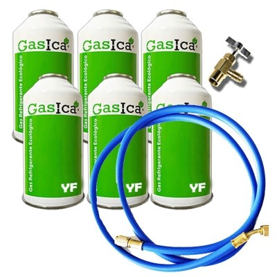 6 Botellas Gas Ecologico Gasica YF 170gr + Valvula + Manguera Sustituto R1234YF