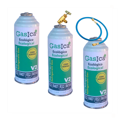 3 Botellas Gas Ecologico Gasica V2 226Gr + Valvula + Manguera Sustituto R22, R32, R407C, R410A