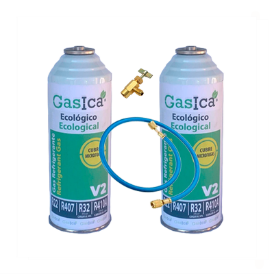 2 Botellas Gas Ecologico Gasica V2 226Gr + Valvula + Manguera Sustituto R22, R32, R407C, R410A