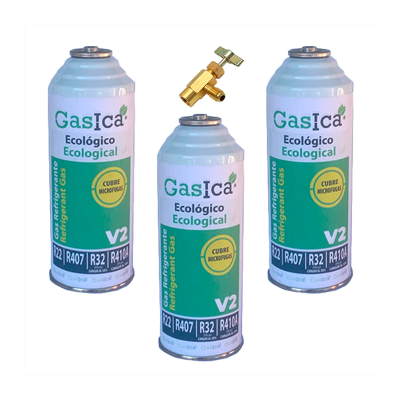 3 Botellas Gas Ecologico Gasica V2 226Gr + Valvula Sustituto R22, R32, R407C, R410A