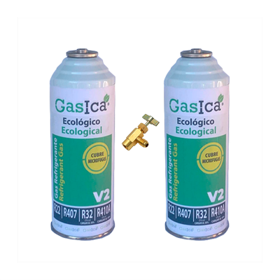 2 Botellas Gas Ecologico Gasica V2 226Gr + Valvula Sustituto R22, R32, R407C, R410A