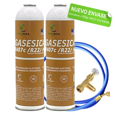 2 Botellas Gas Ecologico Gasesica V2 + valvula + manguera Sustituto de R22 y R407C