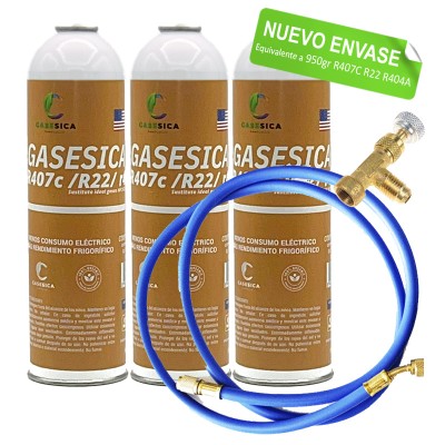 3 Botellas Gas Ecologico Gasesica V2 + valvula + manguera Sustituto de R22 y R407C