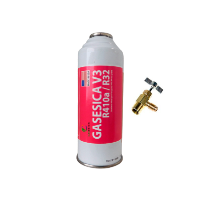 Botella Pequeña Gas Ecologico Gasesica V3 + valvula sustituto de R410A y R32